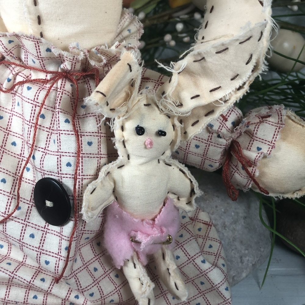 Bunny Rabbit Doll w/ Baby Farmhouse Handmade Distressed Rustic Rabbit Doll - Picture 5 of 12